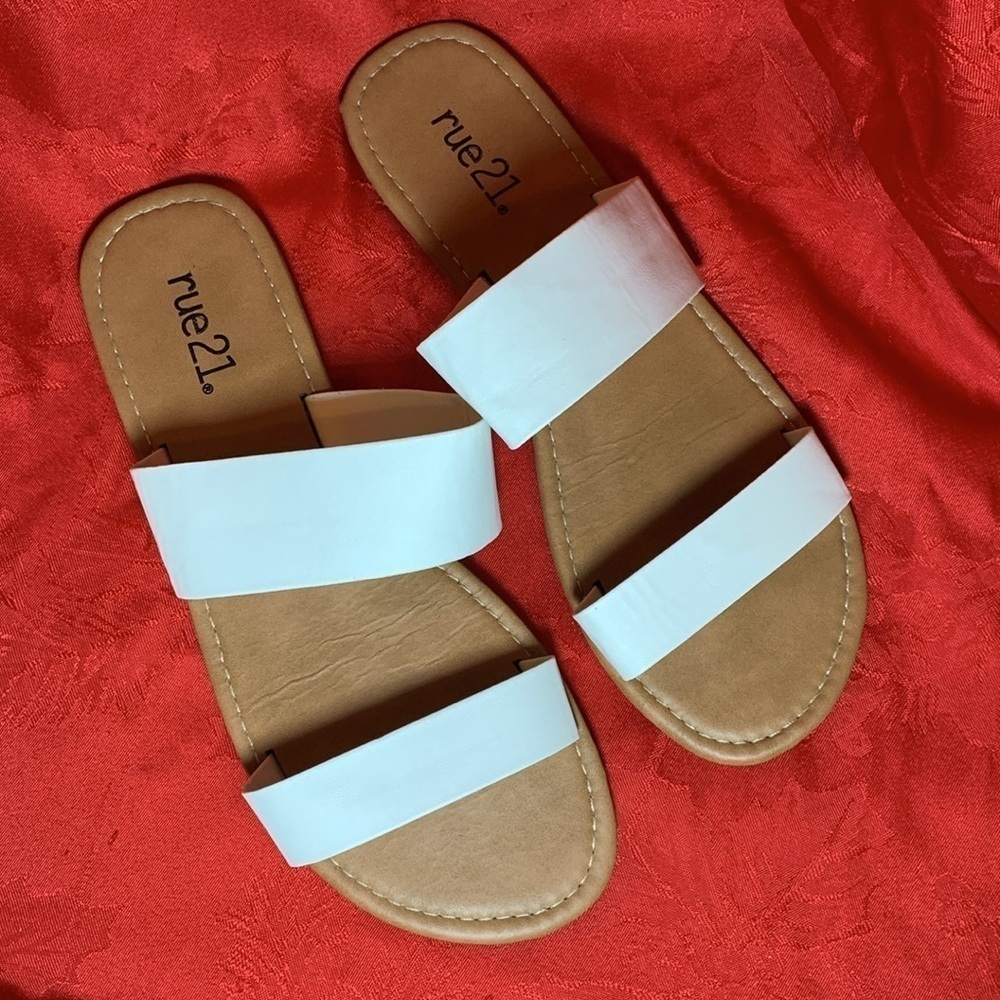 Summer Sandals Two pairs fit like women’s size 8 white slip on, beige buckle up - Picture 2 of 10